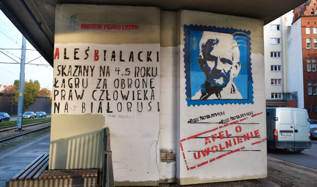 Graffiti in Gdansk, calls for the release of Nobel Peace Prize winner Ales Bialiatski.