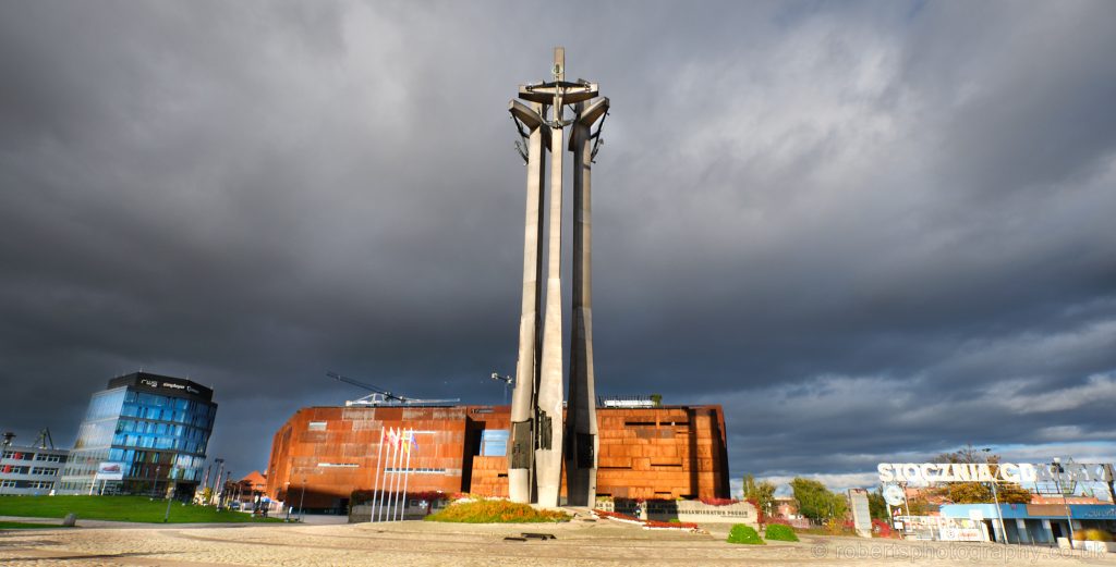 A huge, towering memorial stands outside the Solidarnosc Museum. AKA: European Solidarity Centre.