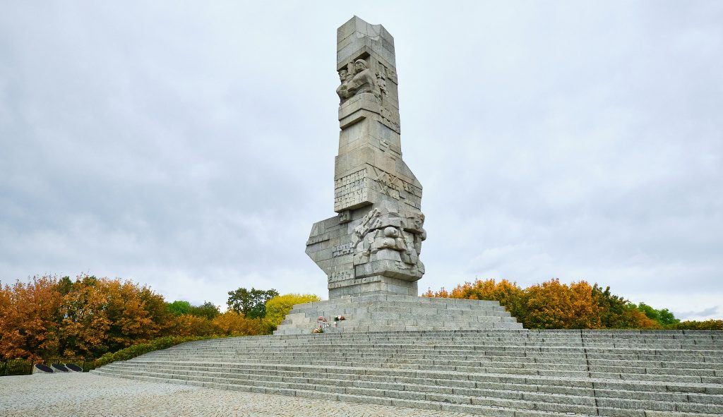 A huge stone memorial stands at a highpoint in Westerplatte, overlooking the area and Gdansk.