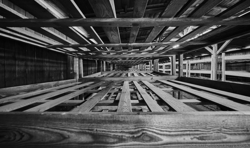 The living quarters for Jews inside the huts at Auschwitz-Birkenau.