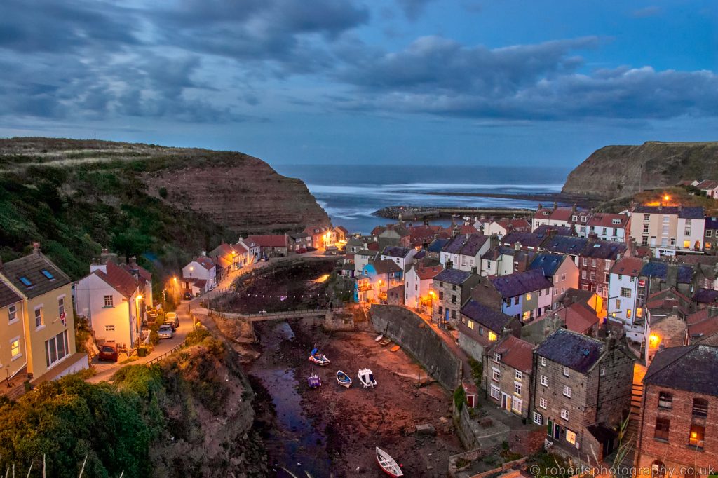 Night view over the fishing village of Staithes in North Yorkshire.