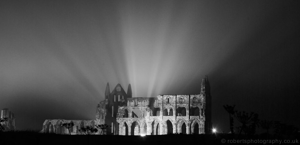 Night view of Whitby Abbey in Black and White.